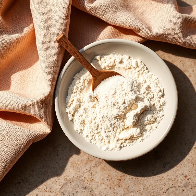 Macro photograph of unflavored collagen peptide powder in a porcelain dish with a wooden spoon