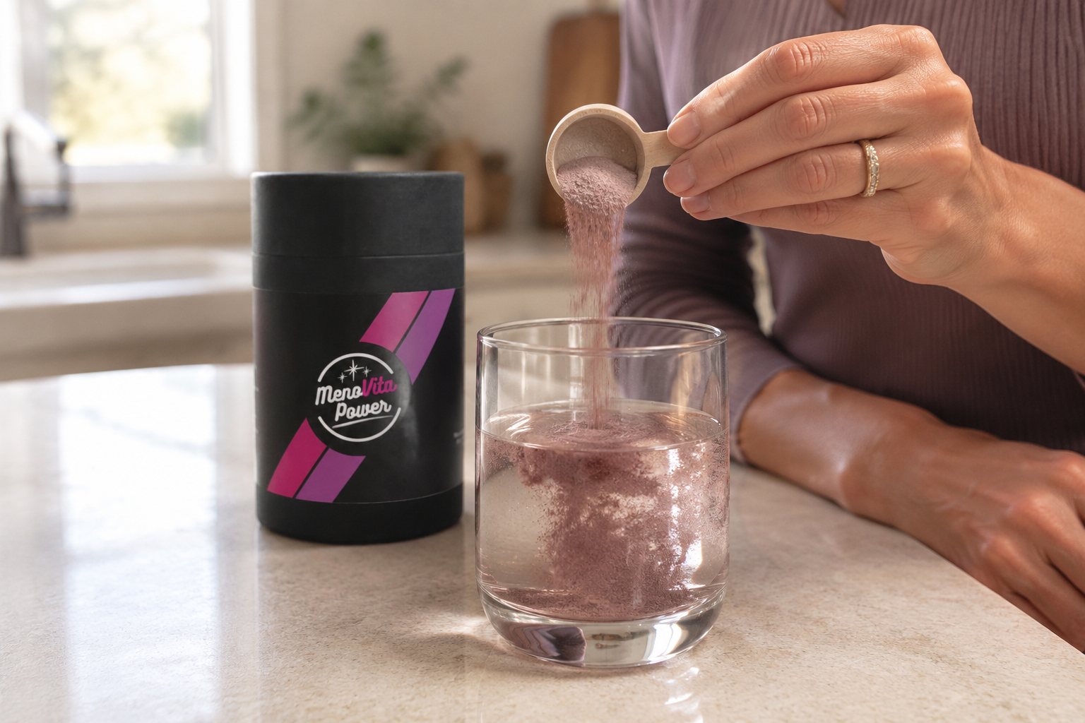 A wooden scoop pouring berry powder into a glass of water beside the MenoVita Power container on a kitchen counter