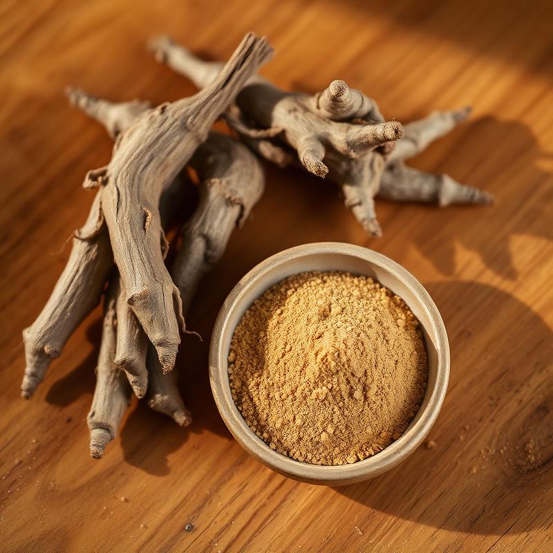 Macro photograph of dried ashwagandha roots beside tan ashwagandha powder in a ceramic dish