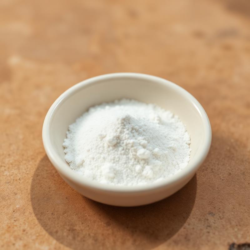 Macro photograph of fine white creatine powder in a small ceramic dish