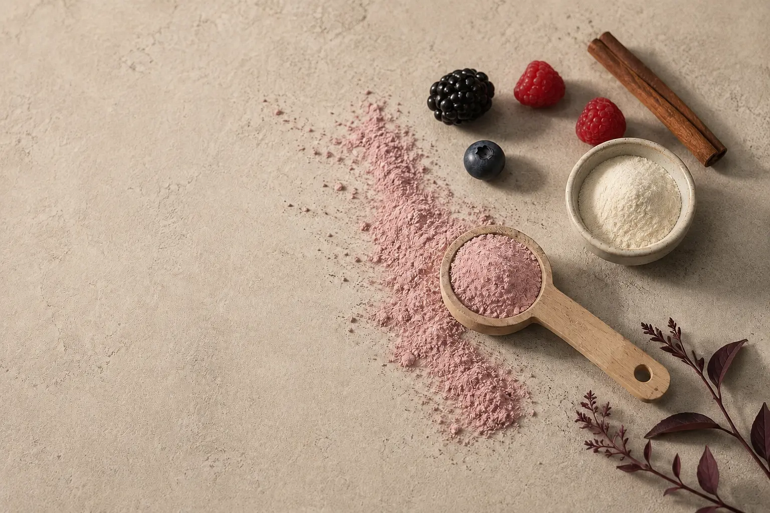 Overhead view of a wooden scoop of berry powder beside a bowl of collagen powder, fresh berries and cinnamon sticks on a textured surface