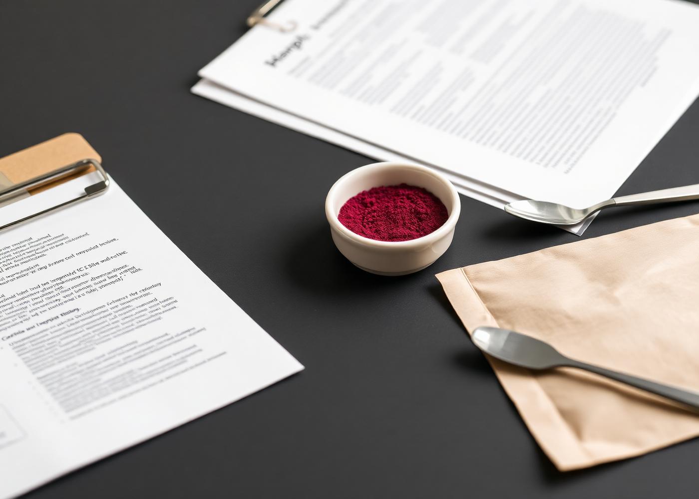 A dish of berry powder resting beside unmarked supplier documentation, a sample pouch and a stainless spatula on a charcoal desk